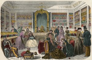 19वीं सदी में पेरिस में कन्फेक्शनरी की दुकान - एडमंड टेक्सियर 1852 द्वारा "झांकी-दे-पेरिस" में उत्कीर्णन द्वारा फ्रेंच स्कूल