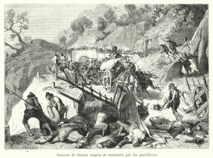 घायलों के काफिले ने छापामारों द्वारा आश्चर्यचकित और नरसंहार किया (उत्कीर्णन) द्वारा फ्रेंच स्कूल