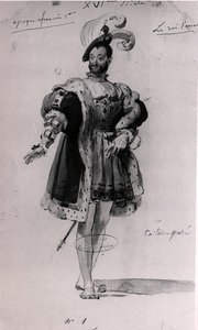 विक्टर ह्यूगो (1802-85) द्वारा 'ले रोई सैम्यूज' (1832) के लिए पोशाक डिजाइन (कागज पर कलम, स्याही और पानी के रंग) (बी/डब्ल्यू फोटो) द्वारा फ्रेंच स्कूल