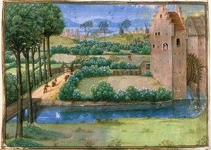 कॉट ऑग ए.वी. f.345v फ्लेमिश परिदृश्य जिसमें अग्रभूमि में एक जलचक्की और पृष्ठभूमि में एक पवनचक्की है, #39;हिस्टॉयर यूनिवर्सेल#39; से, लगभग 1286 (वेल्लम) द्वारा फ्रेंच स्कूल