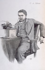 थॉमस अल्वा एडिसन, 1889 को दर्शाते हुए ला रिव्यू इलस्ट्र्री का कवर चित्रण द्वारा फ्रेंच स्कूल