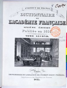 1835 के फ्रेंच अकादमी के शब्दकोश का कवर द्वारा फ्रेंच स्कूल