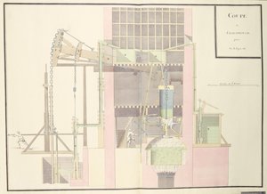 खानों से पानी बढ़ाने के लिए भाप मशीन का क्रॉस-सेक्शन, c.1760 (कागज पर पेन और स्याही और wc) द्वारा फ्रेंच स्कूल