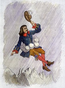 साइरानो डी बर्जरैक अपनी शीशियों द्वारा सक्षम, साइरानो डी बर्जरैक द्वारा उपन्यास का चित्रण: "" ल'ऑट्रे मोंडे द्वारा फ्रेंच स्कूल