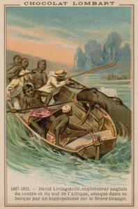 डेविड लिविंगस्टोन्स की नाव, ऑरेंज नदी, अफ्रीका में 1867-1873 पर एक दरियाई घोड़ा द्वारा हमला किया गया द्वारा फ्रेंच स्कूल