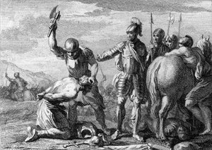 साइग्रियस का पतन, ४८६: रोमन जनरल सिएग्रियस (४३०-४८६) का निष्पादन क्लोविस १ के सैनिकों द्वारा सोइसन्स की लड़ाई में पराजित हुआ। १८वीं शताब्दी का उत्कीर्णन। द्वारा फ्रेंच स्कूल