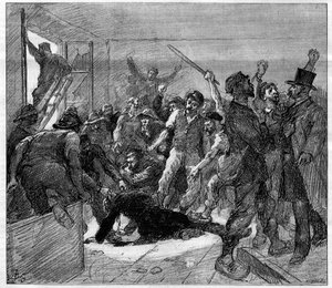 1886 में डेकाज़विल (एवेरॉन) खनिकों की हड़ताल: इंजीनियर वाट्रिन की ग्रीविस्ट्स द्वारा हत्या कर दी गई थी। "" ले मोंडे इलस्ट्रे" में उत्कीर्णन, 6 फरवरी 1886। द्वारा फ्रेंच स्कूल