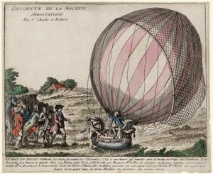 सीनियर्स की एयरोस्टैटिक मशीन का अवतरण। चार्ल्स और रॉबर्ट, पब। 1783 (हाथ से रंगी हुई नक्काशी) द्वारा फ्रेंच स्कूल