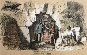 भूगोल के आधार पर विभिन्न प्रकार के परिदृश्य और राहत का विवरण: कुत्ते की गुफा में आगंतुकों का प्रतिनिधित्व करने वाला विवरण। प्लेट "" भौतिक भूगोल "" में "" लेस मनोरंजन निर्देश "" जूल्स डेलब्रुक द्वारा सिनोप्टिक पेंटिंग द्वारा फ्रेंच स्कूल