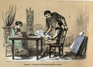 कागज के विभिन्न उत्पादों और उपयोगों का विवरण: एक ड्राइंग और राइटिंग कोर्ट। प्लेट "" ले पेपर एट सेस प्रोडक्ट्स "" में "" लेस रिक्रिएशन इंस्ट्रक्टिव्स "" जूल्स डेलब्रुक द्वारा सिनोप्टिक पेंटिंग, 1860 से उत्कीर्ण। निजी  द्वारा फ्रेंच स्कूल