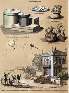 कागज के विभिन्न उत्पादों और उपयोगों का विवरण: कार्डबोर्ड और हैट बॉक्स, ताश खेलना, पतंग या गुब्बारे जैसे खेल। प्लेट "" ले पेपर एट सेस प्रोडक्ट्स "" में "" लेस रिक्रिएशन इंस्ट्रक्टिव्स "" जूल्स डेलब्रुक द्वारा सिनोप्टि द्वारा फ्रेंच स्कूल
