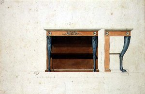 Directoire कंसोल टेबल के लिए डिज़ाइन, c.1795 (कागज पर वॉटरकलर के साथ कलम और स्याही) द्वारा फ्रेंच स्कूल