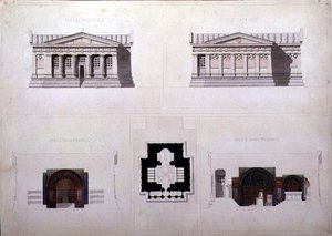 ग्रीक पुनरुद्धार शैली के मकबरे के लिए डिज़ाइन, C.1835 (कागज पर पानी के रंग के साथ कलम और स्याही) द्वारा फ्रेंच स्कूल