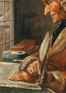 उनके कार्य कैबिनेट में "" फ्रेंकोइस मैरी अरोएट वोल्टेयर (1694-1778) के पोर्ट्रेट का विवरण "" 18 वीं शताब्दी की पेंटिंग। मंद। 0,43 x 0,35 मीटर पेरिस, म्यूसी कार्नावलेट - अपने अध्ययन में फ्रेंकोइस मैरी अरोएट वोल्टेयर (1694-1778) का पोर्ट् द्वारा फ्रेंच स्कूल