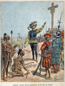 डिस्कवर कनाडा: जैक्स कार्टियर (1491-1557), फ्रांसीसी नाविक और खोजकर्ता ने 24 जुलाई को गैसपे की खाड़ी पर कब्जा कर लिया और क्रॉस को मिटा दिया द्वारा फ्रेंच स्कूल