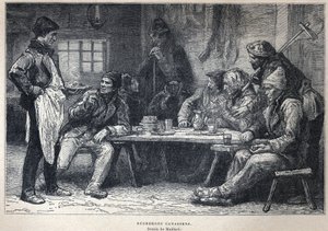 कनाडा की खोज की: कनाडाई लकड़हारा। माइलर्ड द्वारा ड्राइंग। यूजीन गुएनिन द्वारा "ला नोवेल फ्रांस" में 19वीं शताब्दी के अंत से उत्कीर्णन। द्वारा फ्रेंच स्कूल