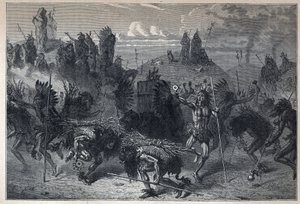 कनाडा की खोज: मोंडेन्स में बाइसन का नृत्य। यूजीन गुएनिन द्वारा "ला नोवेल फ्रांस" में 19वीं शताब्दी के अंत से उत्कीर्णन। द्वारा फ्रेंच स्कूल