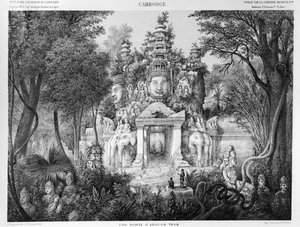 डोरवे ऑफ अंगकोर थॉम, इंडोचाइना में एटलस ऑफ़ द एक्सप्लोरिंग वॉयज का चित्रण, 1866-68 डौडार्ट डी लैगरी द्वारा प्रकाशित, 1873, पेरिस, हैचेत द्वारा फ्रेंच स्कूल