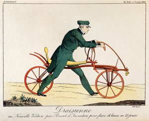 ड्रैसिने, साइकिल के पूर्वज, 1820 (रंग उत्कीर्णन) द्वारा फ्रेंच स्कूल