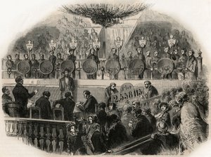 19 वीं शताब्दी के मध्य में चैंप्स-एलिसीज़ (चैंप्स एलिसीज़) के सर्कस हॉल में इनगॉट डी'ओर लॉटरी का ड्रा - एडमंड टेक्सियर 1852 द्वारा "झांकी-डी-पेरिस" में उत्कीर्णन द्वारा फ्रेंच स्कूल