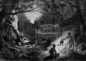 ड्राइंग: नैतिकता के दृश्य को चित्रित करने वाले यात्री में मशाल की चमक होती है। "" ले जर्नल डे ला जेनेसे "" में उत्कीर्णन द्वारा फ्रेंच स्कूल
