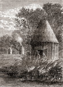 अर्ली गैलिक हाउस, 'लेस मर्वेल्स डे ला साइंस' से प्रकाशित, c.1870 (उत्कीर्णन) से आग से निकलने वाले धुएं से बचने के लिए छत में एक छेद के साथ एक गोल केबिन द्वारा फ्रेंच स्कूल