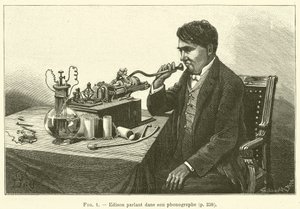 एडिसन अपने फोनोग्राफ में बोलते हुए (उत्कीर्णन) द्वारा फ्रेंच स्कूल