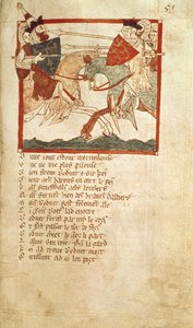 उदाहरण 3028 f.51 आर्थर सम्राट लुसियस से लड़ता है, #39;रोमन डी ब्रूट#39; (वेल्लम) के पद्य क्रॉनिकल से द्वारा फ्रेंच स्कूल