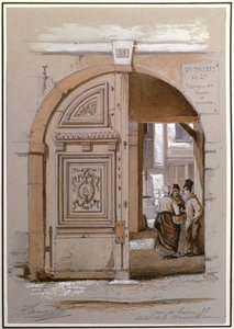 Marquise de Brinvilliers के होटल में प्रवेश, 28 rue de Bievre, पेरिस (चाक और कागज पर गोंद) द्वारा फ्रेंच स्कूल