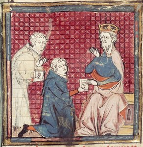 F.117r मेसेंजर्स ने ग्रैंड क्रोनिक्स डे फ्रांस, 1375-79 से सराकेन पर जीत का शारलेमेन बताया द्वारा फ्रेंच स्कूल