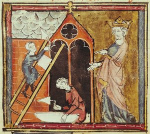 F.235v राजा लुई VI (1080-1137) ग्रैंड क्रोनिक्स डे फ्रांस 1375-79 से एक चर्च का निर्माण देखना द्वारा फ्रेंच स्कूल