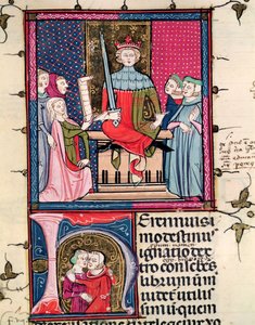 F.39r कंजुगल लॉ, एक व्यभिचारी पत्नी जो कोर्ट में पेश होती है, फोर्टियाटम में जस्टिनियन से द्वारा फ्रेंच स्कूल