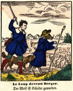 Fables de La Fontaine: भेड़िया चरवाहा बन गया। एपिनल की छवि, 19वीं सदी की पहली छमाही। द्वारा फ्रेंच स्कूल