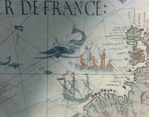 व्हेलिंग और आइल ऑफ सेंट ब्रैंडन की फैनसील, पियरे डेसक्लेयर्स, 1546 द्वारा एक पोर्टोलन मानचित्र से विस्तार, एडमे फ्रेंकोइस जोमर्ड (1777-1862) द्वारा स्मारकों डे ला जियोग्राफ़ी में प्रकाशित