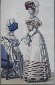 फैशन प्लेट, पेरिस, द लिटिल करियर डेस डेम्स से चित्रण, c.1820 (रंग उत्कीर्णन) द्वारा फ्रेंच स्कूल