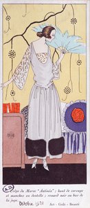 फैशन, कला, गाउट, ब्यूट, 1921, (पोचो प्रिंट) से पंखों से बने पंखे का चित्रण द्वारा फ्रेंच स्कूल