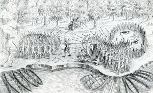 1624 में वॉयज डी चम्पलेन से ह्यूरन्स की लड़ाई, 1567-1635 को सैमुअल डे चमप्लैन द्वारा द्वारा फ्रेंच स्कूल