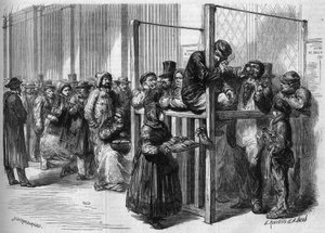 1864 में फ्रांसीसी सरकार द्वारा शुरू किए गए तीन सौ पंद्रह मिलियन के राष्ट्रीय ऋण की सदस्यता के लिए पेरिस में रुए मोंट थाबोर पर एक काउंटर पर कतार। 30 जनवरी, 1864 के "" ले मोंडे इलस्ट्रे "" n ° 355 में उत्कीर्णन। द्वारा फ्रेंच स्कूल