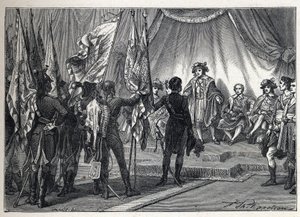 पहला गठबंधन: जोआचिम मूरत (1767-1815) इतालवी अभियान के दौरान नेपोलियन बोनापार्ट की कमान में फ्रांसीसी सेना द्वारा जीते गए झंडे कार्यकारी बोर्ड को प्रस्तुत करता है। १८८९ से उत्कीर्णन। निजी संग्रह। द्वारा फ्रेंच स्कूल