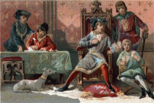 ध्यान भटकाने के लिए फ्रांस के राजा चार्ल्स VI (1368-1422) ताश खेलते थे। 1890 के आसपास क्रोमोलिथोग्राफी। द्वारा फ्रेंच स्कूल