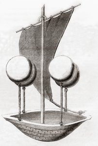 फ्रांसेस्को लाना डे टेर्ज़ी की फ्लाइंग बोट कॉन्सेप्ट c.1670, 'लेस मर्वेल्स डे ला साइंस' से, c.1870 (लिथो) प्रकाशित हुई द्वारा फ्रेंच स्कूल