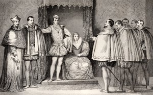 फ्रेंकोइस II (1544-60) संसदीय कर्तव्यों को बताता है कि ड्यूक ऑफ गुइज़ और कार्डिनल राज्य को नियंत्रित करेंगे, कोलार्ट द्वारा &39;हिस्टॉयर डी फ्रांस&39; से प्रकाशित c.1840 द्वारा फ्रेंच स्कूल