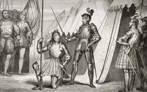 फ्रेंकोइस I (1494-1547) को कोलार्ट द्वारा &39;हिस्टोइरे डी फ्रांस&39; से मैरिग्नानो की लड़ाई के बाद कैप्टन बेयार्ड द्वारा नाइट की उपाधि दी गई, c.1840 प्रकाशित द्वारा फ्रेंच स्कूल