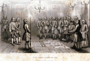 फ़्रीमेसोनरी: 1740 में पेरिस में एक लॉज में गुप्त बैठक। एफ.-टीबी क्लेव द्वारा "फ़्रीमेसोनरी और प्राचीन और आधुनिक गुप्त समाजों के सुरम्य इतिहास" से उत्कीर्णन। पगनेरे, संपादक। 1843. द्वारा फ्रेंच स्कूल