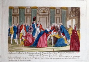 फ्रांसीसी क्रांति: “” 15/11/1789 को लुई सोलहवें और मैरी एंटोनेट के दर्शकों ने 21/10/1789 को जनता द्वारा फ्रेंकोइस बौलैंगर नरसंहार की विधवा को दी गई"" 18 वीं शताब्दी की उत्कीर्णन। पेरिस, शस्त्रागार का पुस्तकालय द्वारा फ्रेंच स्कूल