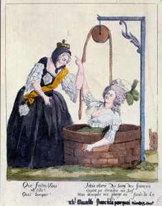 फ्रांसीसी क्रांति: क्वीन मैरी एंटोनेट (1755-1793) के खिलाफ कार्टून फ्रांसीसी खून की प्यास बुझाने के लिए एक कुएं के नीचे गिर गया। 18 वीं सदी। पेरिस, बीएन द्वारा फ्रेंच स्कूल
