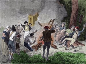 फ्रांसीसी क्रांति: "" लोगों ने सितंबर 1792 में मेनिलामाउंट में सेंट-फ़ारग्यू के पार्क में क्लाउड चैप्पे के टेलीग्राफ को जला दिया, यह मानते हुए कि यह मंदिर की जेल में बंद शाही परिवार के साथ संवाद करने के लिए एक उपकरण था" "उत्कीर्णन द्वारा फ्रेंच स्कूल