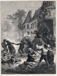 फ्रांसीसी क्रांति: अगस्त 1789 में विशेषाधिकारों के उन्मूलन का जश्न मनाने के लिए किसानों ने अपनी सामंतों की उपाधियों को जला दिया और आग के चारों ओर नृत्य किया। 1889 से उत्कीर्णन। निजी संग्रह। द्वारा फ्रेंच स्कूल
