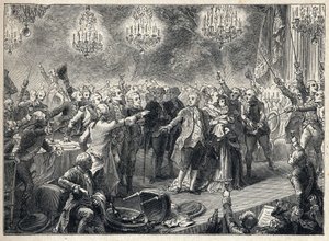 फ्रांसीसी क्रांति: रानी मैरी एंटोनेट (1755-1793) के राजा लुई सोलहवें (1754-1793) और डॉल्फ़िन की उपस्थिति में 1 अक्टूबर 1789 को ऑरेंजरी डे वर्साय में आयोजित अंगरक्षकों के भोज में शाही लोगों ने राजशाही के प्रति वफादारी की शपथ ली। - द्वारा फ्रेंच स्कूल
