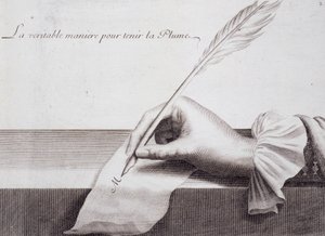 फ्रेंच सुलेख: "" L'escriture financiere प्रतिनिधि dans sa naifvete"", 1652 के आसपास लुई सेनॉल्ट द्वारा कलम की पकड़ को दर्शाते हुए उत्कीर्णन। द्वारा फ्रेंच स्कूल